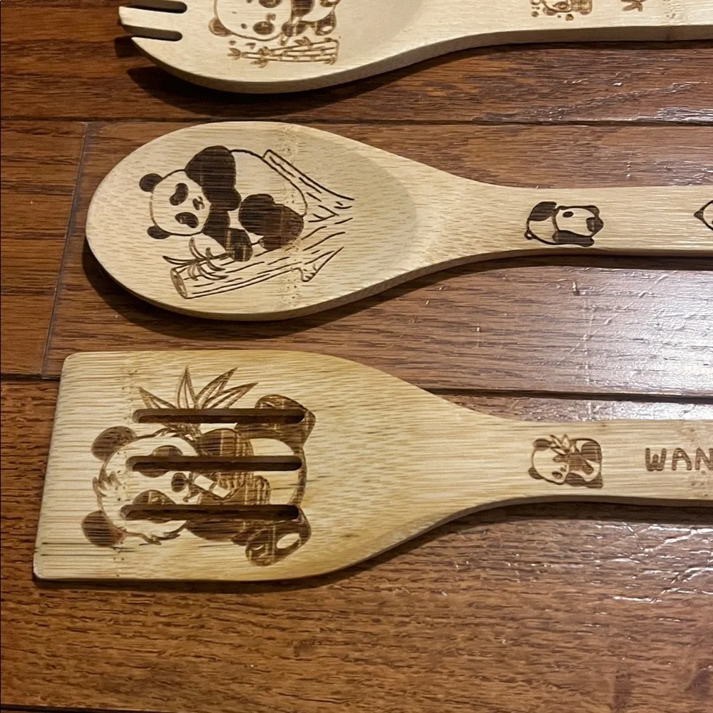 Lot of 5 pc Wooden Bamboo Panda Kitchen Cooking Spoons Utensils NWOT, New